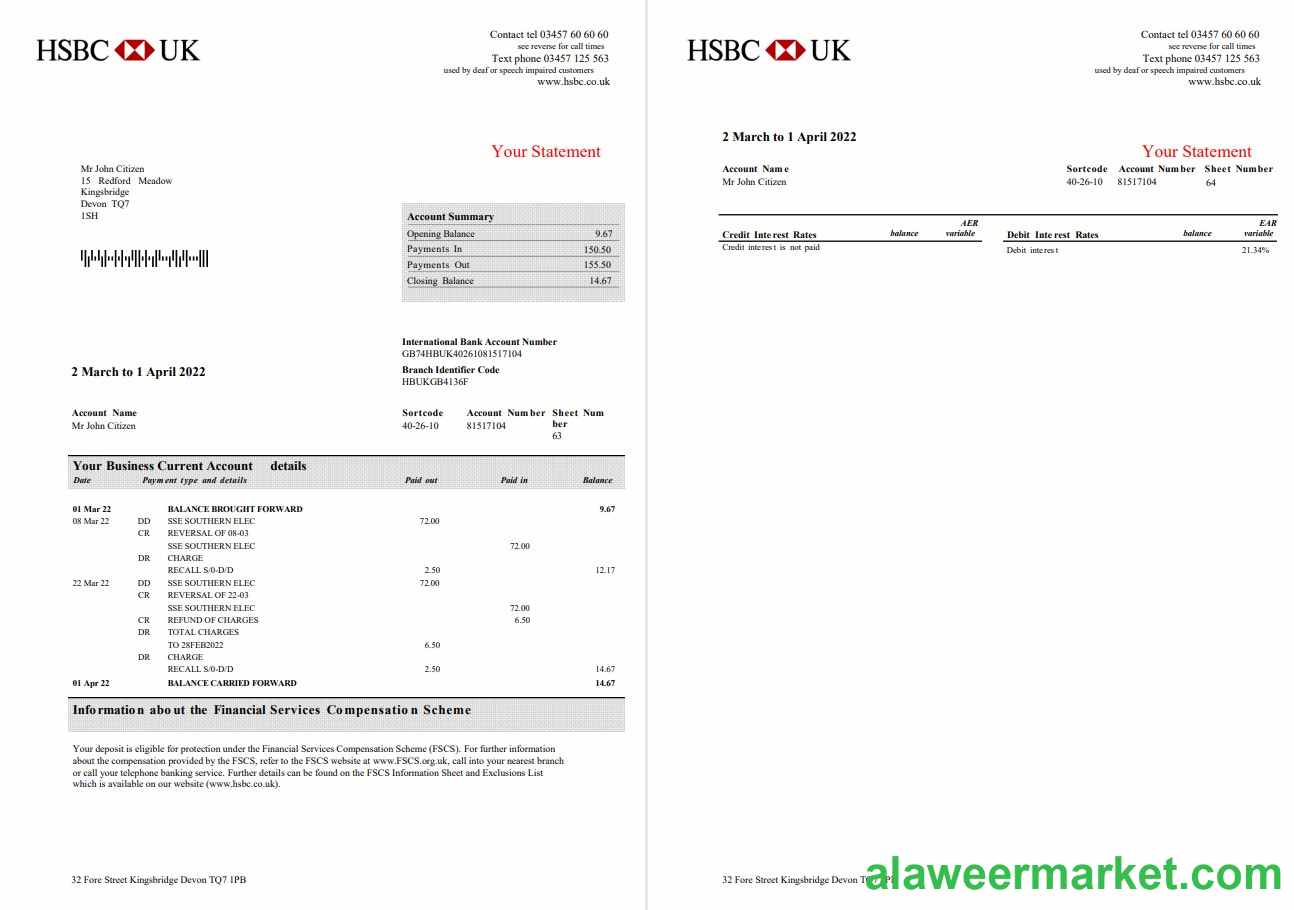 United Kingdom HSBC bank business account statement Word and PDF template, 3 pages
